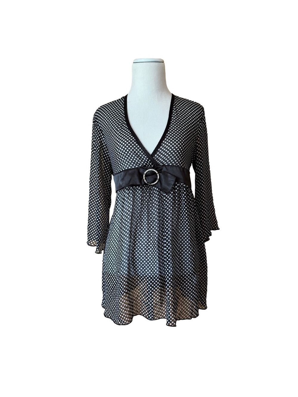 Vintage sheer polka dot Knit Werks babydoll blouse Jr XL